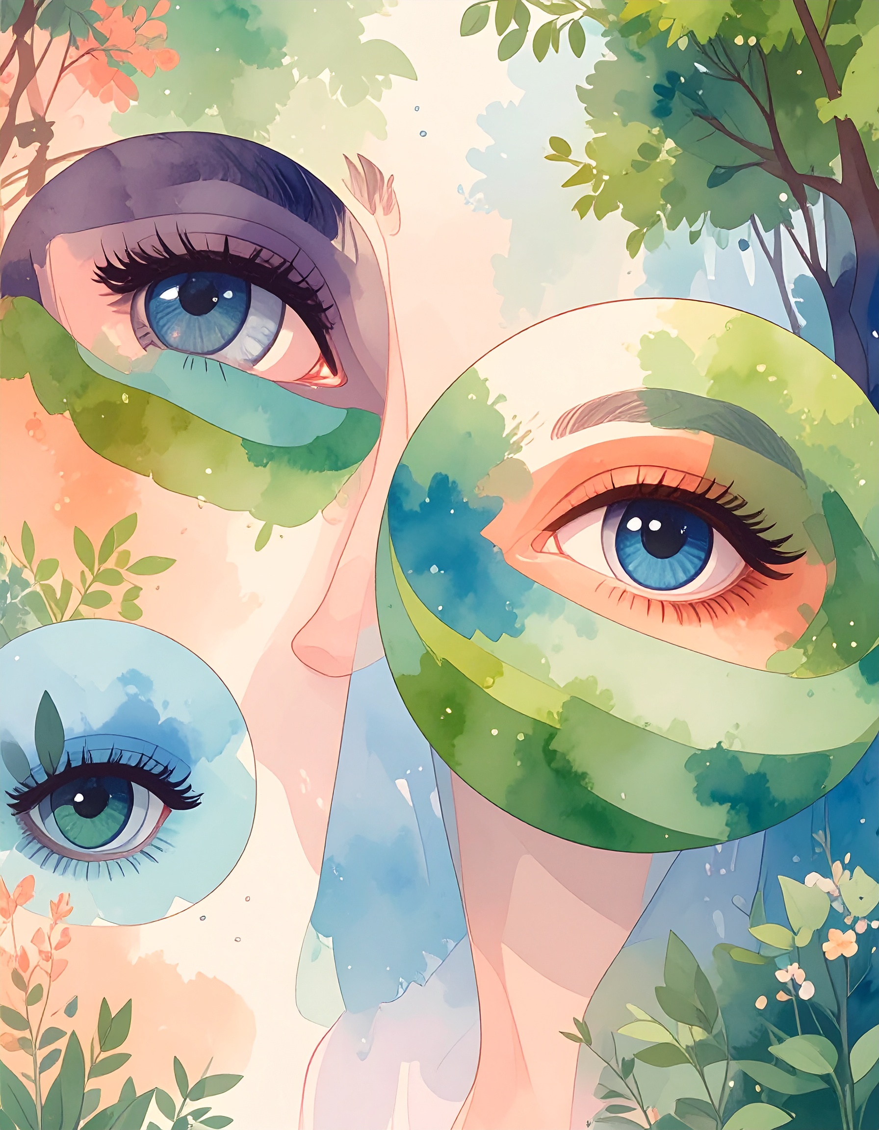Abstract watercolour illustration of eyes surrounded by leaves and nature