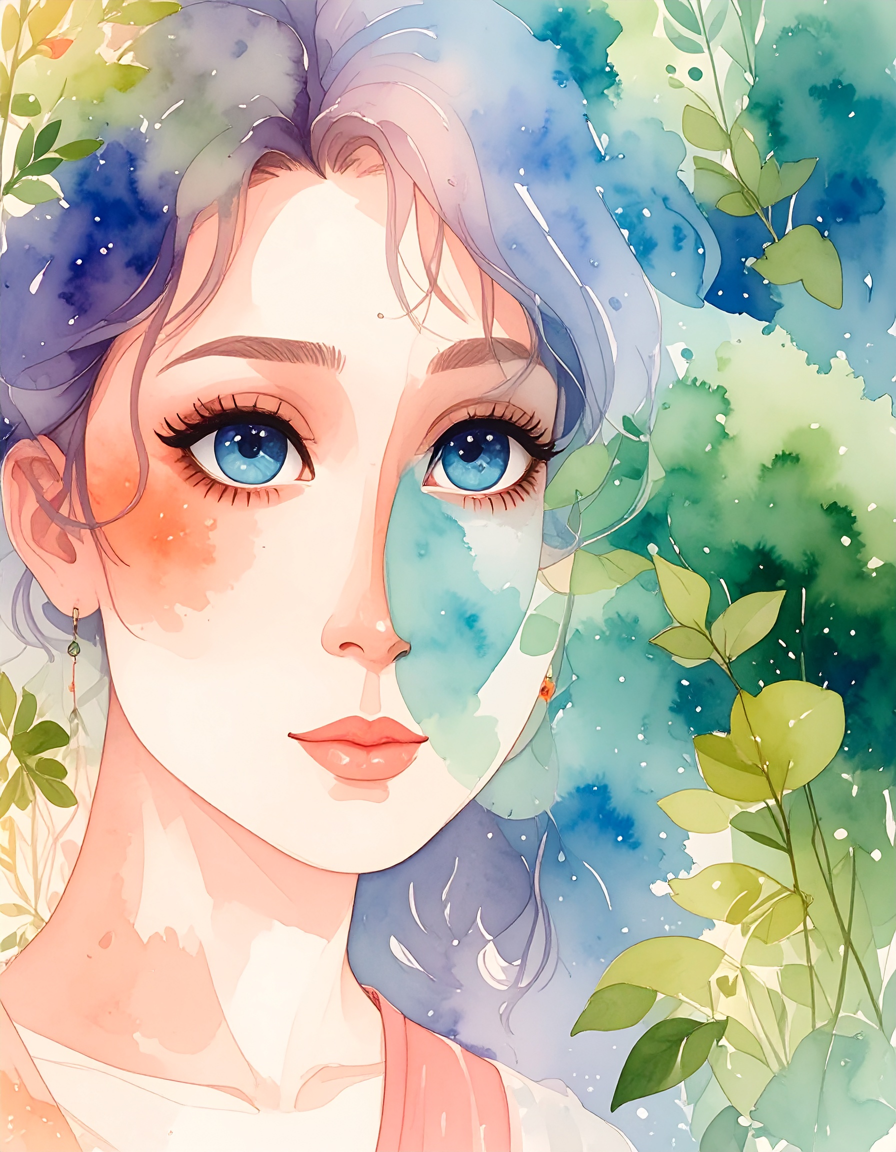 Watercolour portrait of a young woman with blue eyes surrounded by green leaves