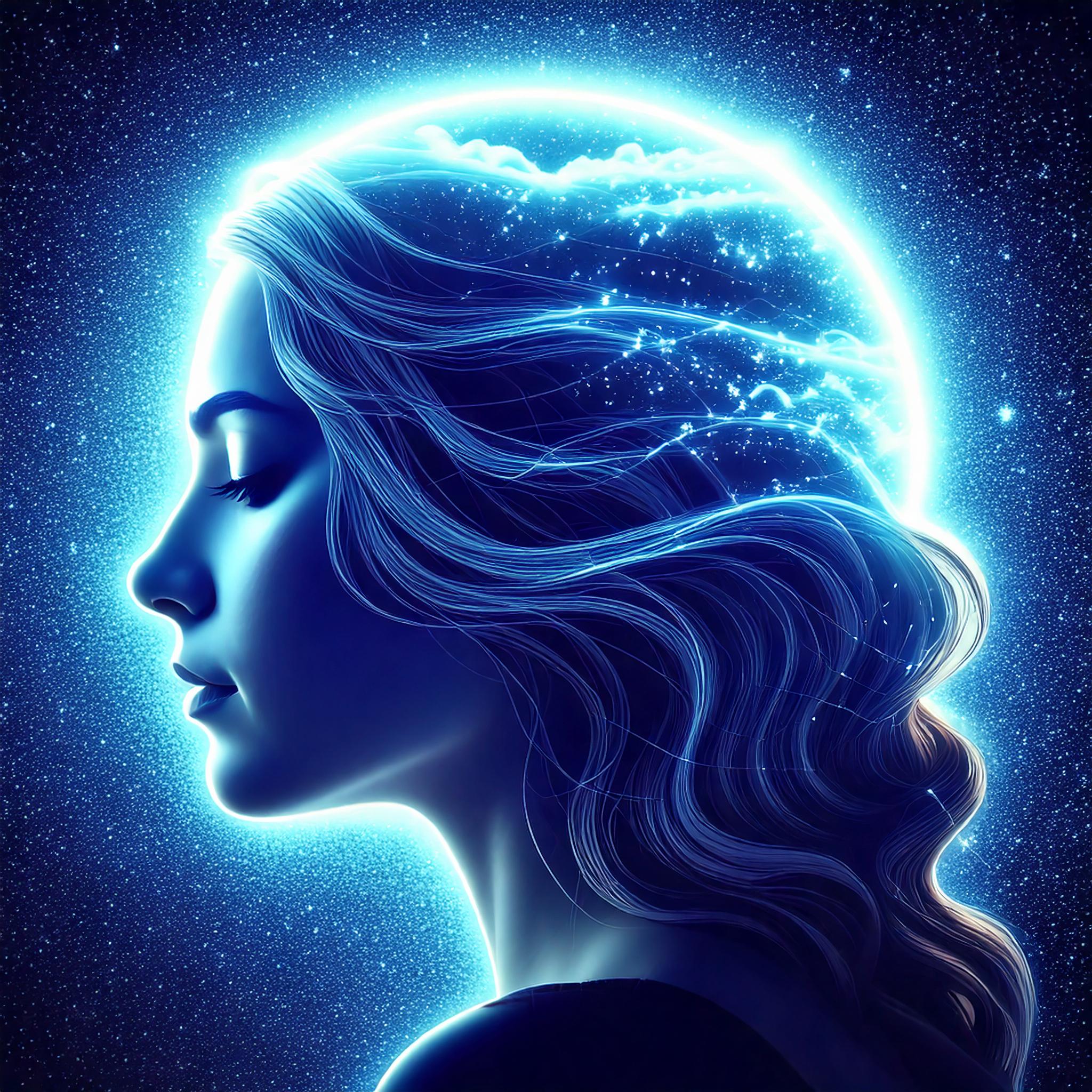 Dreamy illustration of a woman with a glowing mind surrounded by stars, representing the active inner world of a maladaptive daydreamer at night
