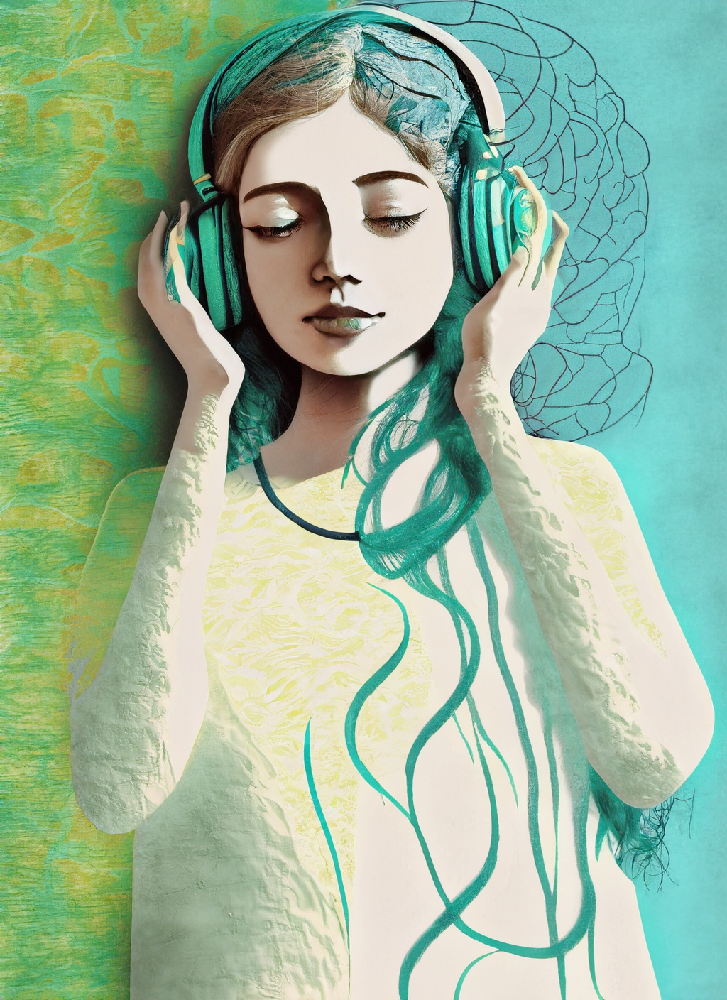 Illustration of a woman with teal headphones and flowing hair, representing the mental stimulation and music triggers associated with maladaptive daydreaming