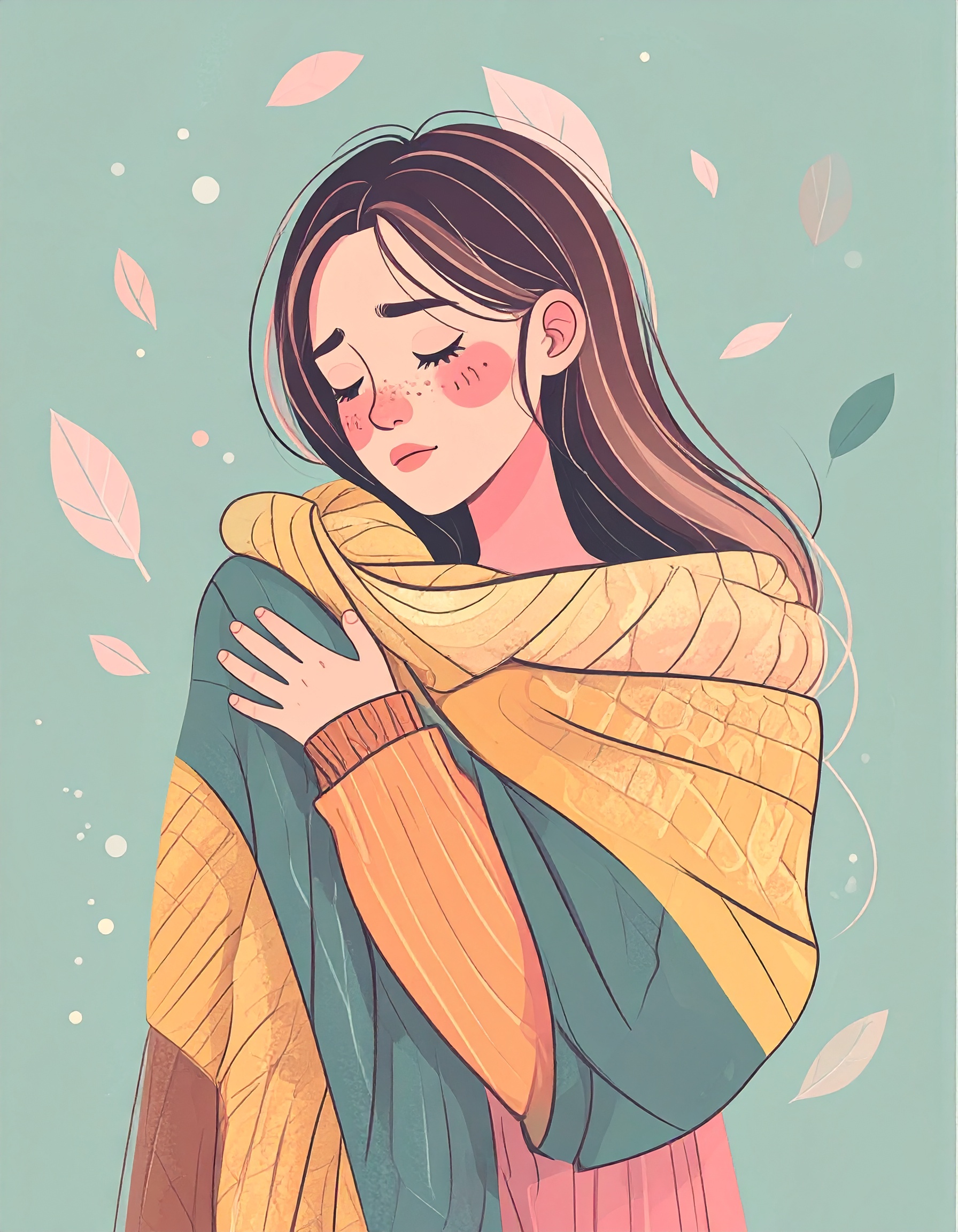 Illustration of a young woman wrapped warmly in a blanket with her eyes closed, surrounded by autumn leaves, representing rest and self-care